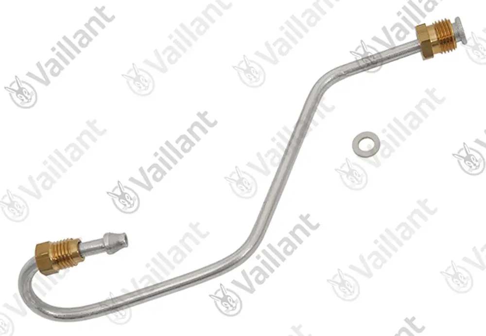 Edelstahl-Zündgasrohr von Vaillant mit zwei Anschlussstücken, einem darunterliegenden O-Ring. Genormte Form für Heizsysteme.